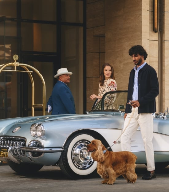 Couple with pet arriving at Regent Santa Monica