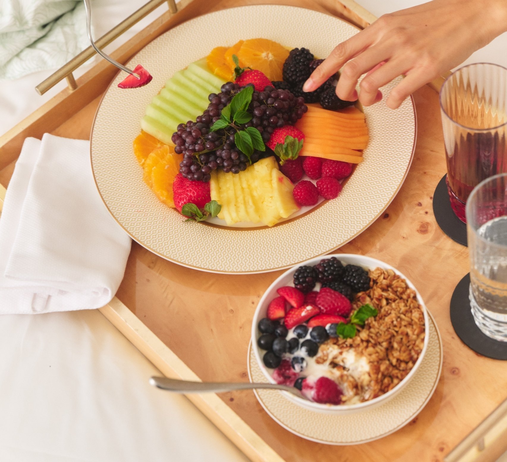 Fruit platter and yogurt parfait