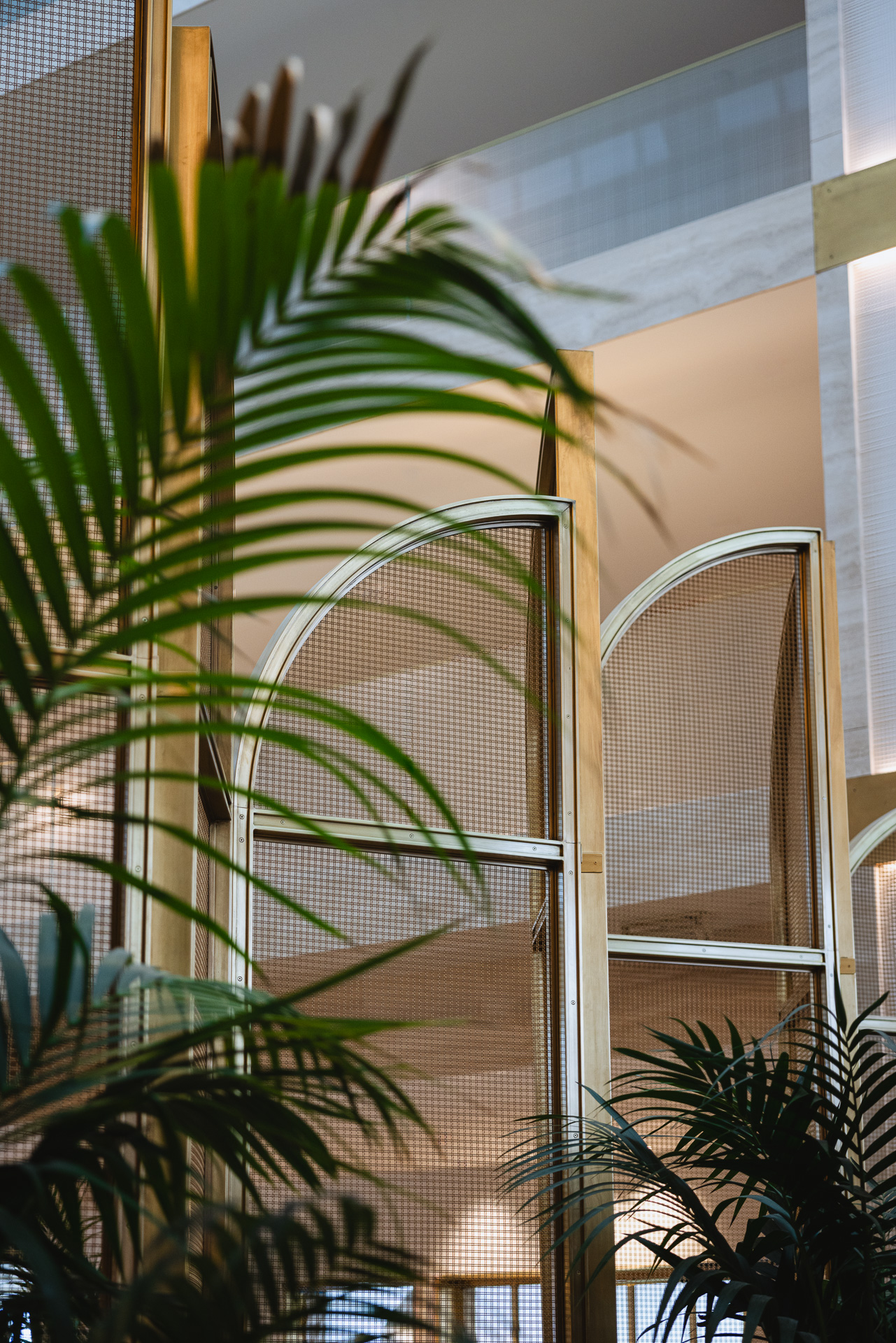 framed brass arch ways and tropical trees